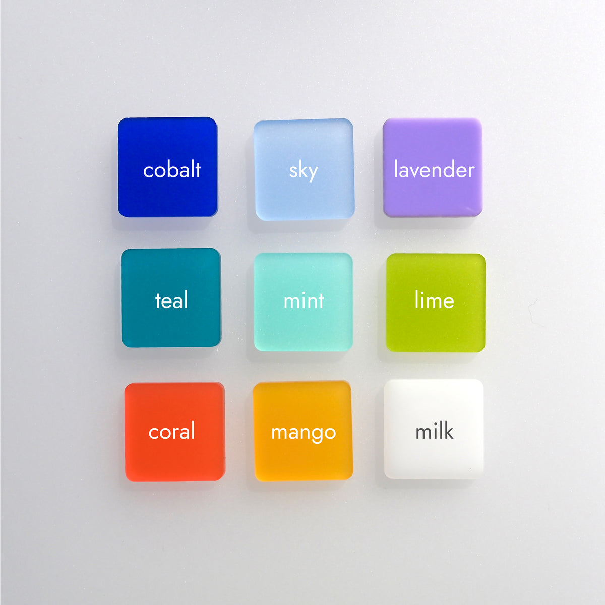 Nine square color swatches arranged in a 3-by-3 grid labeled as cobalt, sky, lavender, teal, mint, lime, coral, mango, and milk.